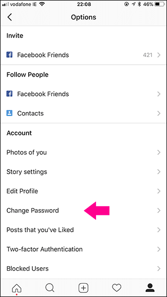 Vaihda salasana Instagram-sovelluksessa